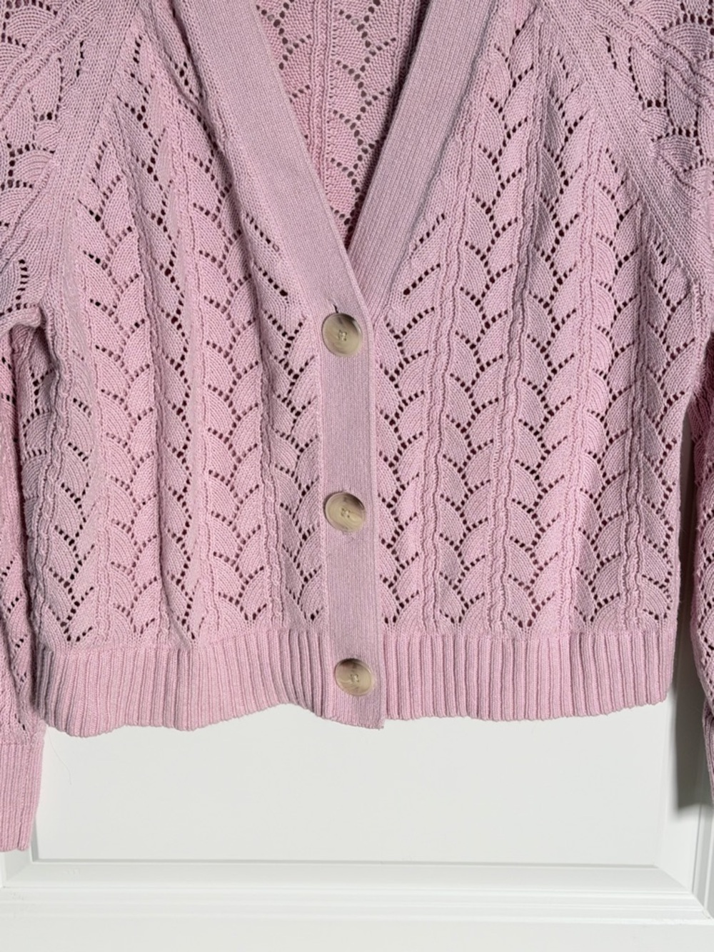 Loft Pink Cropped Pointelle Knit Cardigan Sweater Size Large 54494 - Picture 7 of 15